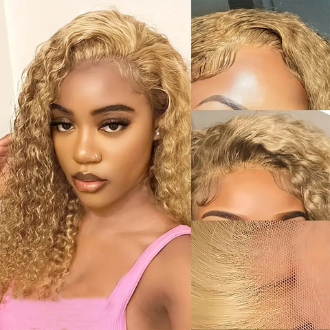 5X5HD Deep Wave COLOR #27 Wig HD Lace closure wig 200 density 100 remy Human Hair Honey Blonde