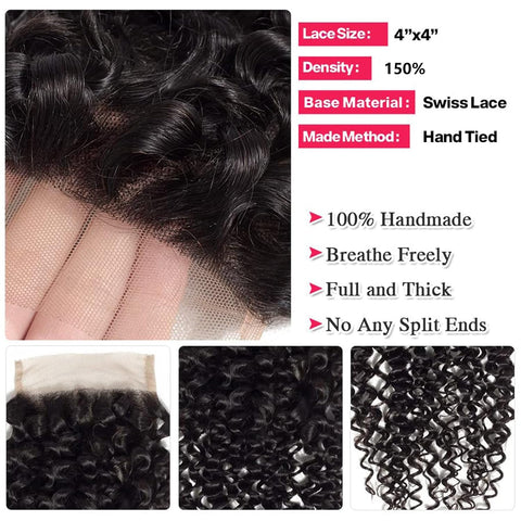 4x4 Lace Transparent Lace Closure Jerry Curl Virgin Natural Human Hair