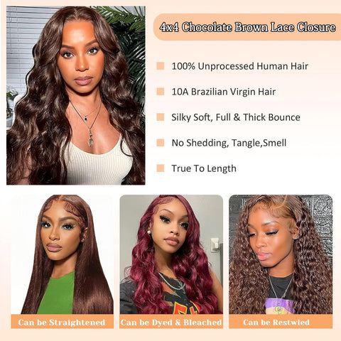 4X4 Lace Closure Body Wave Medium Brown(#4) Color 100% Human Hair Closure