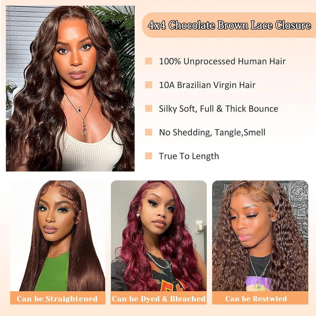 4X4 Lace Closure Body Wave Medium Brown(#4) Color 100% Human Hair Closure
