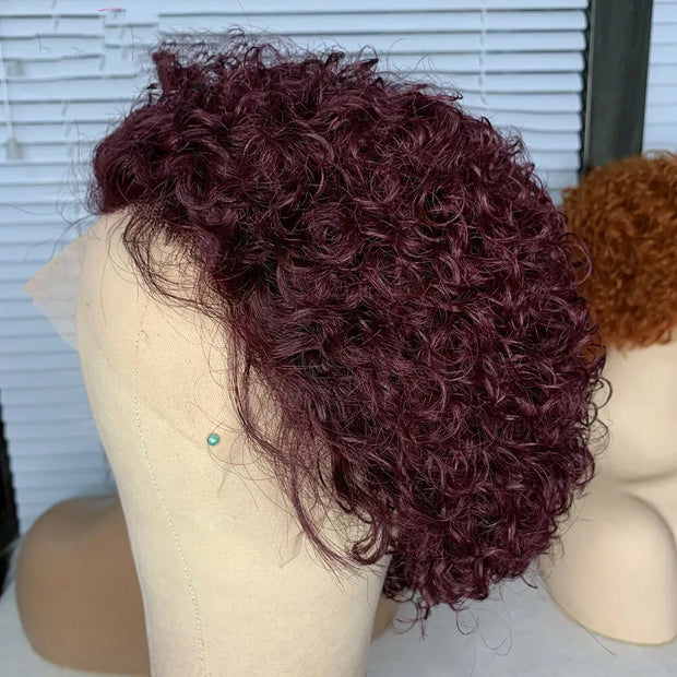 13x1 Lace Front Burgundy Red Wigs,Short Curly Human Hair Wigs Pixie Cut Bob Glueless Wigs