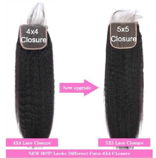 5X5HD Lace Kinky Straight Closure Natural Black 100 Human Mink Hair Swiss Lace / Skin-melt Lace / Invisible Lace