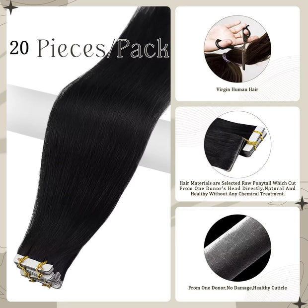 Tape In Hair Extensions Human Hair 50g Straight Black and Dark Brown Color With Replacement Tapes 20 Pcs, Remover
