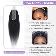 2x6HD Lace Closure Kinky Straight Brazilian Natural Color Virgin Hair