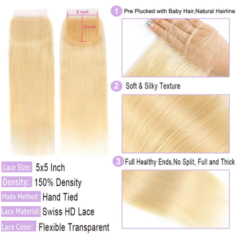 5X5  HD Lace Closure 613 Blonde Human Hair Straight