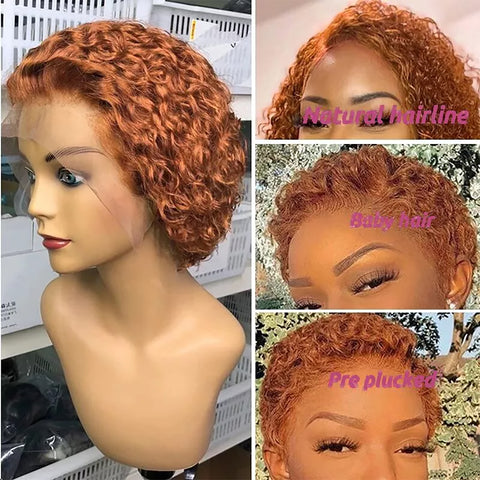 13x1 Lace Front Orange Wigs,Short Curly Human Hair Wigs Pixie Cut Bob Glueless Wigs