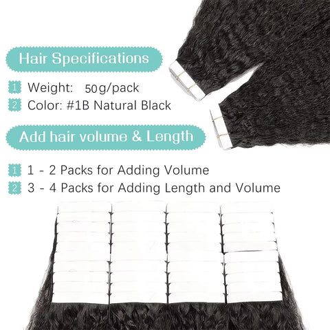 Tape In Hair Extensions Human 50g Hair Kinky Straight Natural Color With Replacement Tapes 20 Pcs, Remover