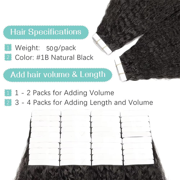 Tape In Hair Extensions Human 50g Hair Kinky Straight Natural Color With Replacement Tapes 20 Pcs, Remover