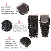 Burmese Curly Human Hair Bundles #1B Natural Color Wavy Mink Hair and 5*5 Transparent Closure For Women