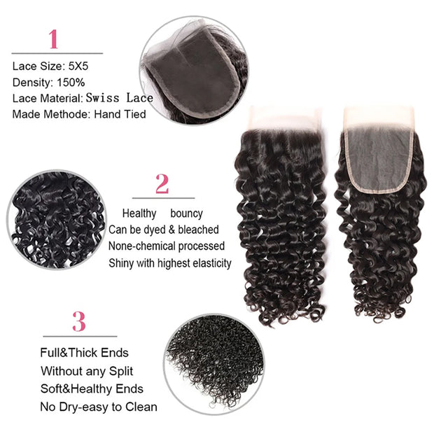 Burmese Curly Human Hair Bundles #1B Natural Color Wavy Mink Hair and 5*5 Transparent Closure For Women