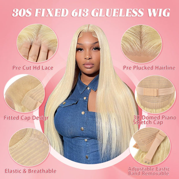 Glueless Pre-Cut Lace 5x5 Closure Wig Color Blonde(613) Straigth 180 Density Wear and Go Human Hair Wig