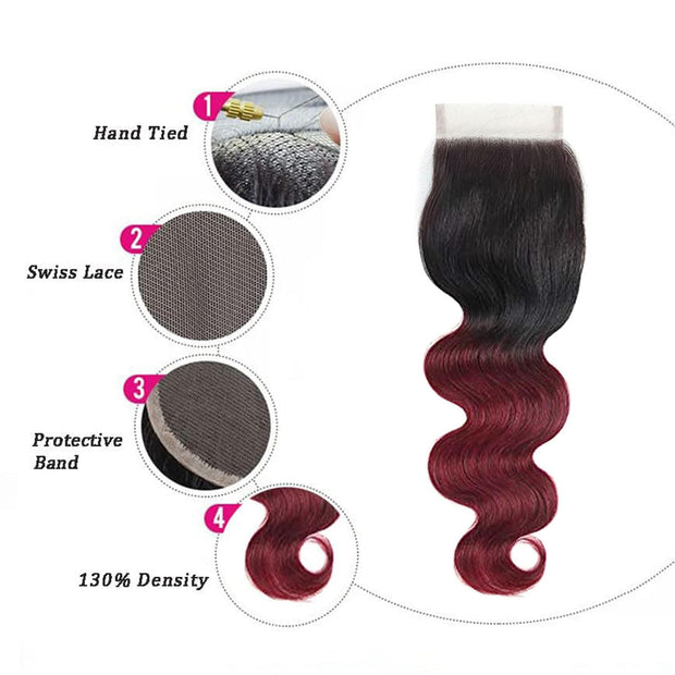 4X4 Lace Closure Body Wave Ombre (1B99J) 100% Human Hair Closure