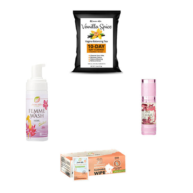 Mother's Day Sale 4In1 gift for woman,Yoni Femme Wash + Femme Hydrating Oil + Vagi-Wipes + Vanilla Spice Vjay Balancing Tea