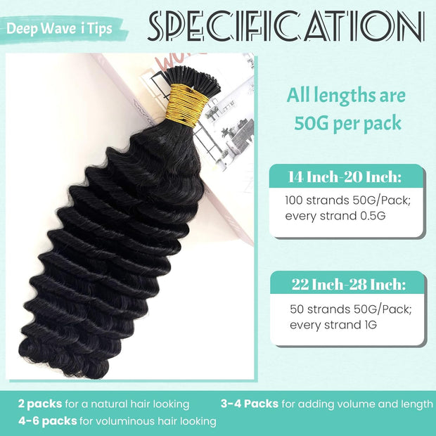I-tip Premium Hair extensions Natural Black Deep Wave