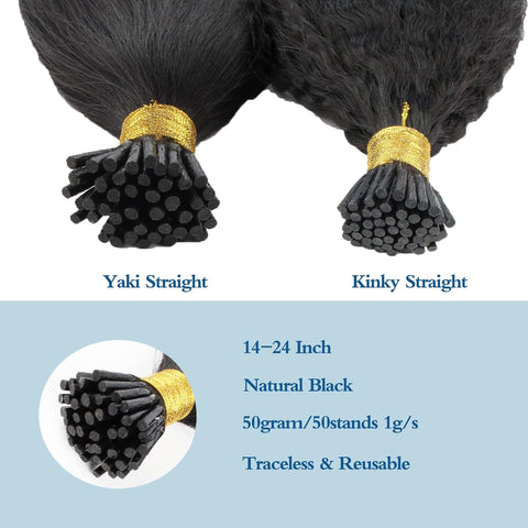 I-tip Premium Hair extensions Natural Black Kinky Straight