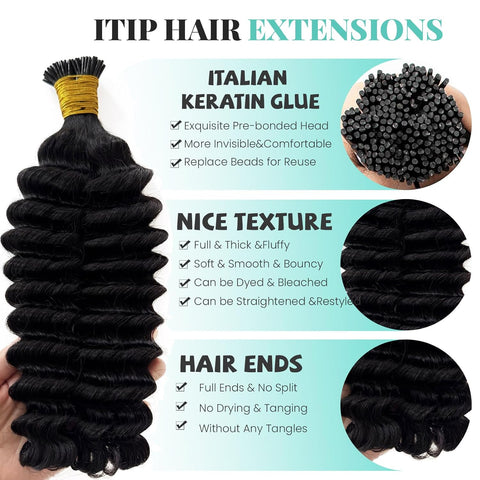 I-tip Premium Hair extensions Natural Black Deep Wave