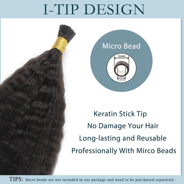 I-tip Premium Hair extensions Natural Black Kinky Straight