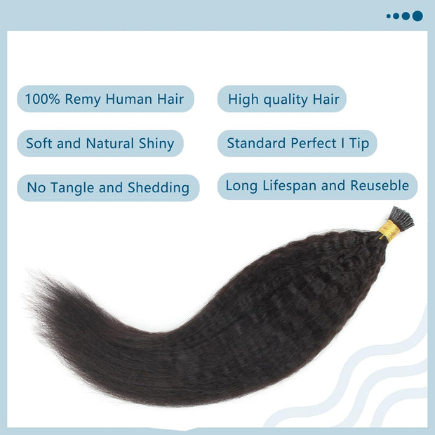 I-tip Premium Hair extensions Natural Black Kinky Straight