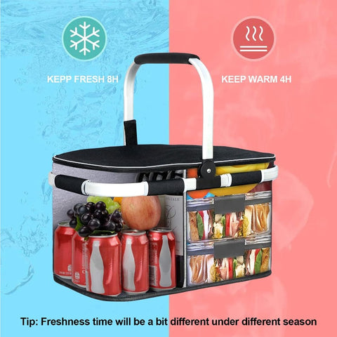 LIQING 35L Large Picnic Basket Shopping Travel Camping Grocery Bags 2 Layers of Internal Pockets Leak-Proof and Insulated Folding, Internal Support Does Not Collapse