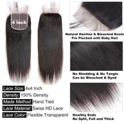 4x4HD Lace Closure Straight Human Hair 100% Unprocessed Brazilian Virgin Human Hair Free Part