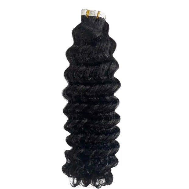 Tape In Hair Extensions Human Hair 50g Deep Wave Black Color With Replacement Tapes 20 Pcs, Remover