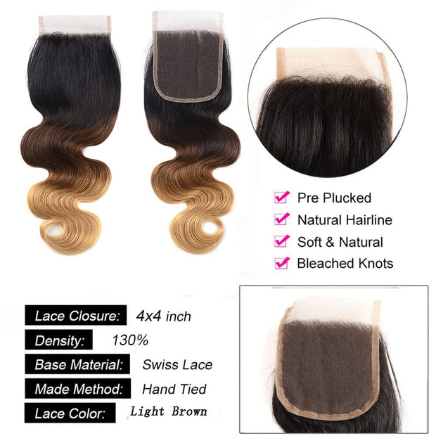 4X4 Lace Closure Body Wave Ombre (1B427) 100% Human Hair Closure