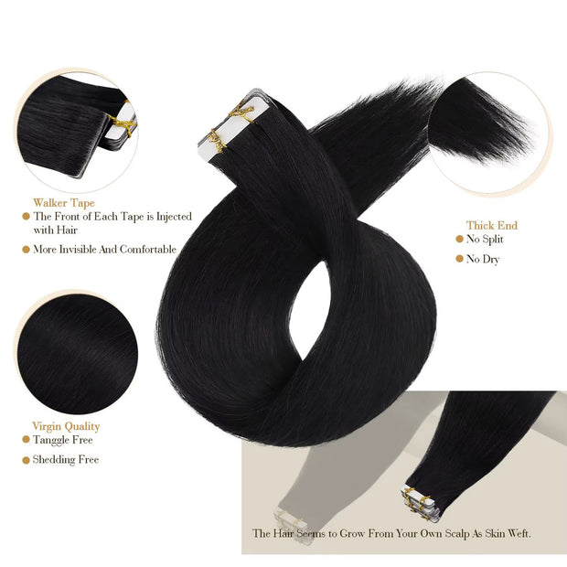 Tape In Hair Extensions Human Hair 50g Straight Black and Dark Brown Color With Replacement Tapes 20 Pcs, Remover