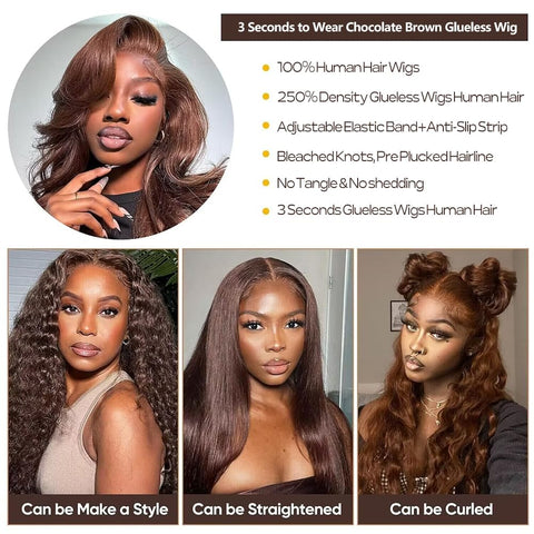 5x5 Lace Closure Glueless Wig  Body Wave Color #4 Human Hair Wear Go Chocolate Brown