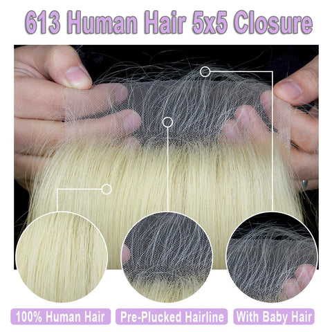 5X5  HD Lace Closure 613 Blonde Human Hair Straight