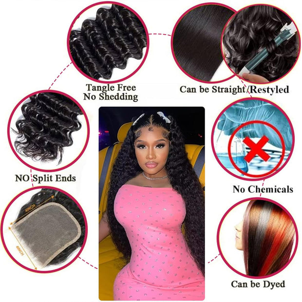 4x4 Lace Transparent Lace Closure Deep Wave Virgin Natural Human Hair