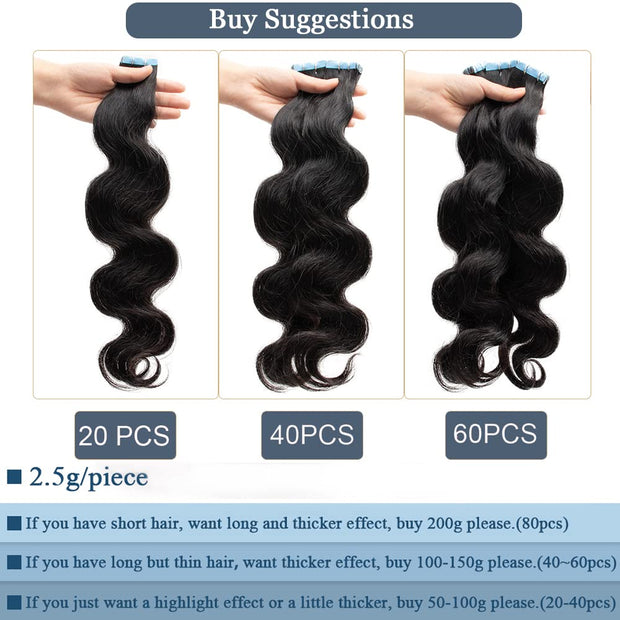 Tape-in Premium Human Hair Natural Color Body Wave - 20Pcs/Pack