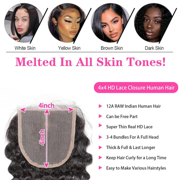 4x4HD Lace Closure Deep Wave Human Hair 100% Unprocessed Brazilian Virgin Hair Free Part