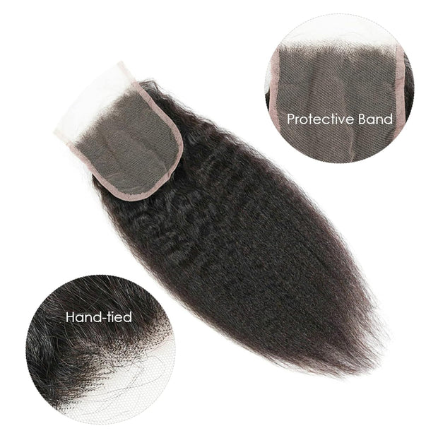 5X5HD Lace Kinky Straight Closure Natural Black 100 Human Mink Hair Swiss Lace / Skin-melt Lace / Invisible Lace