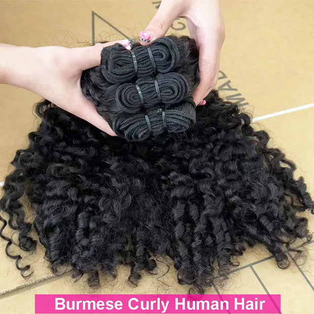 Burmese Curly Human Hair Bundles #1B Natural Color Wavy Mink Hair and 5*5 Transparent Closure For Women