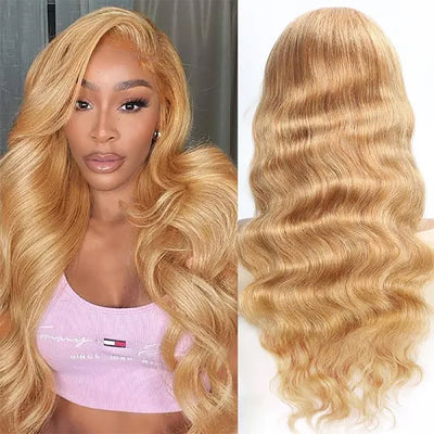 5X5 HD Lace Closure Wig Body Wave Honey Blonde Human Hair Color #27