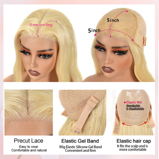 Glueless Pre-Cut Lace 5x5 Closure Wig Color Blonde(613) Straigth 180 Density Wear and Go Human Hair Wig