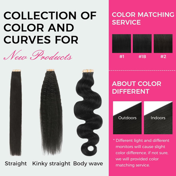 Tape-in Premium Human Hair Natural Color Kinky Straight - 20Pcs/Pack