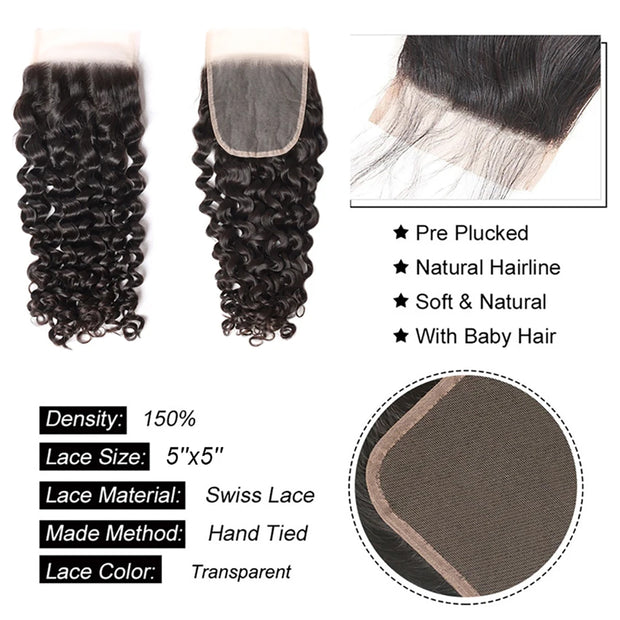 Burmese Curly Human Hair Bundles #1B Natural Color Wavy Mink Hair and 5*5 Transparent Closure For Women