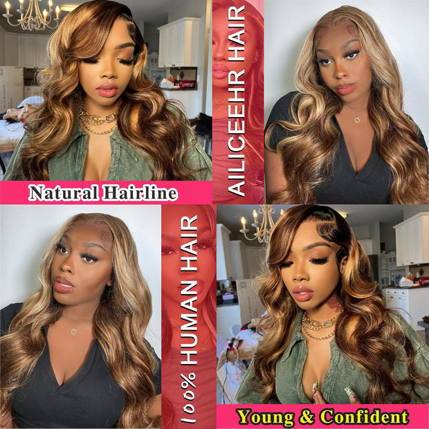 5x5 Highlight Lace Closure Wig Human Hair Body Wave P4/27 Ombre Honey Blonde Wig 180 Density