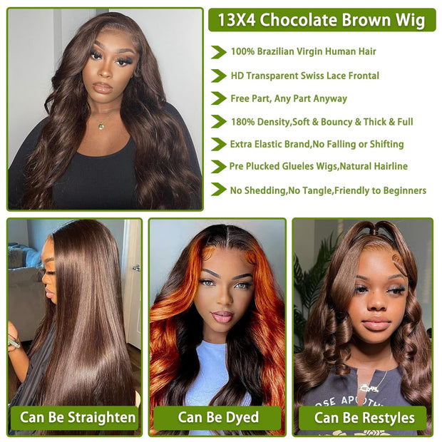 13x4 Lace color #4 Body wave wig full lace frontal wig Chocolate Brown 100 virgin Human Hair