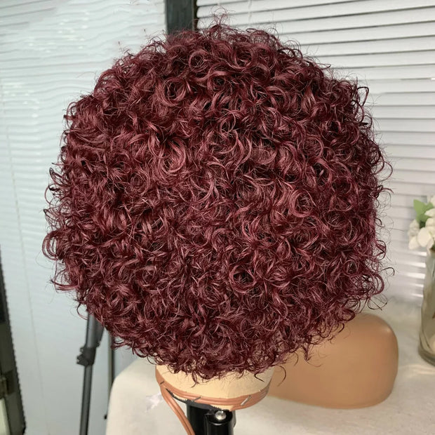 13x1 Lace Front Burgundy Red Wigs,Short Curly Human Hair Wigs Pixie Cut Bob Glueless Wigs