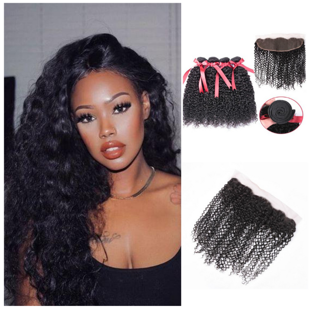 Ustar  Natural Black Virgin Jerry Curly Hair 3 Bundles with Frontal