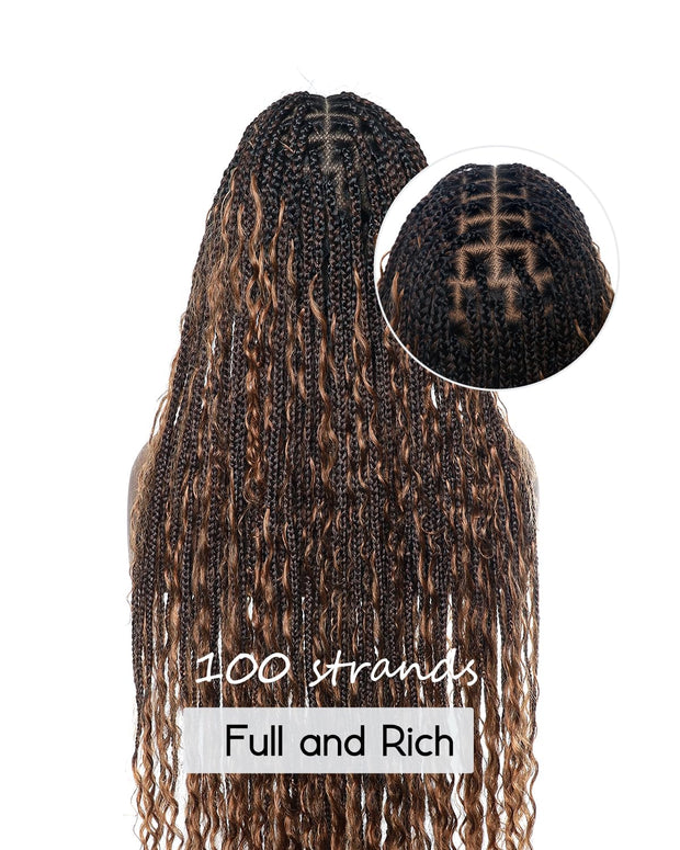 Human Hair Boho Box Braided Wigs 36" Real Swiss HD Full Lace Lightweight High Density Knotless Tangle-free Boho Box Braided Wig - Extra Full 100 Strands Ombre Brown Wig