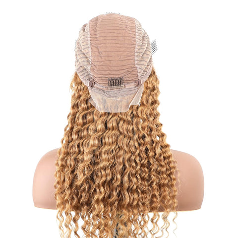 13X4 Deep Wave #27 Wig Transparent Lace Frontal wig 200 Density 100 remy Human Hair Honey Blonde