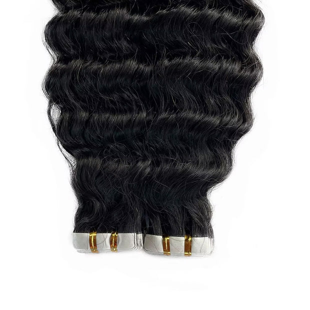 Tape In Hair Extensions Human Hair 50g Deep Wave Black Color With Replacement Tapes 20 Pcs, Remover