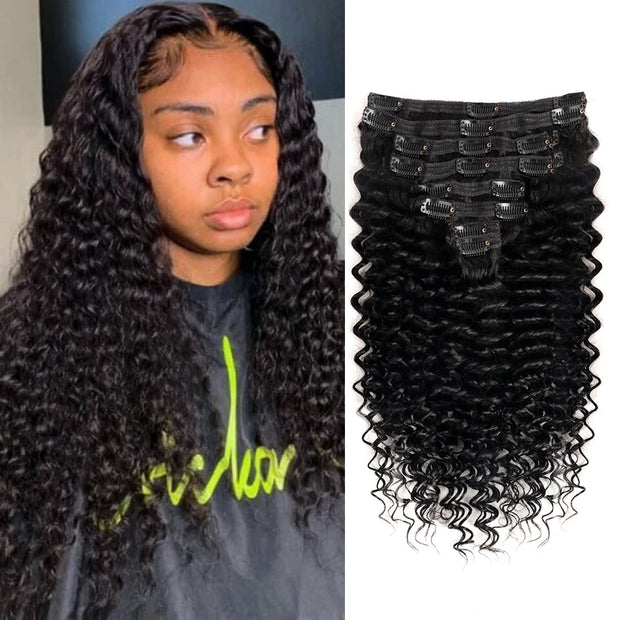 Clip in Mink Hair Extensions 100 Human Hair, 7pcs Natural Black Deep Wave