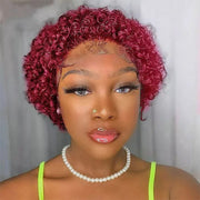 13x1 Lace Front Burgundy Red Wigs,Short Curly Human Hair Wigs Pixie Cut Bob Glueless Wigs