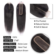 2x6HD Lace Closure Straight Brazilian Natural Color Virgin Hair