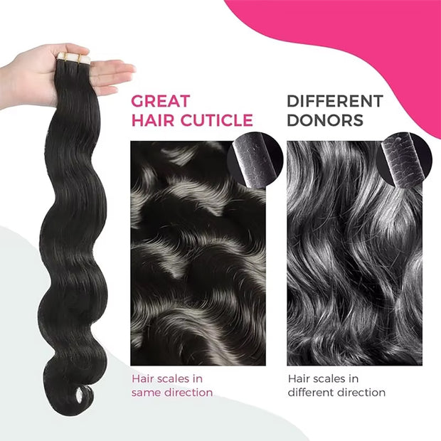Tape In Hair Extensions Human Hair 50g Body Wave Black and Dark Brown Color With Replacement Tapes 20 Pcs, Remover