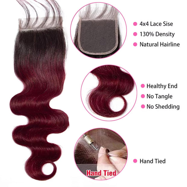 4X4 Lace Closure Body Wave Ombre (1B99J) 100% Human Hair Closure